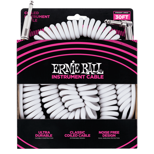 Ernie Ball Coiled Instrument Cable Straight/Angle 30ft - White