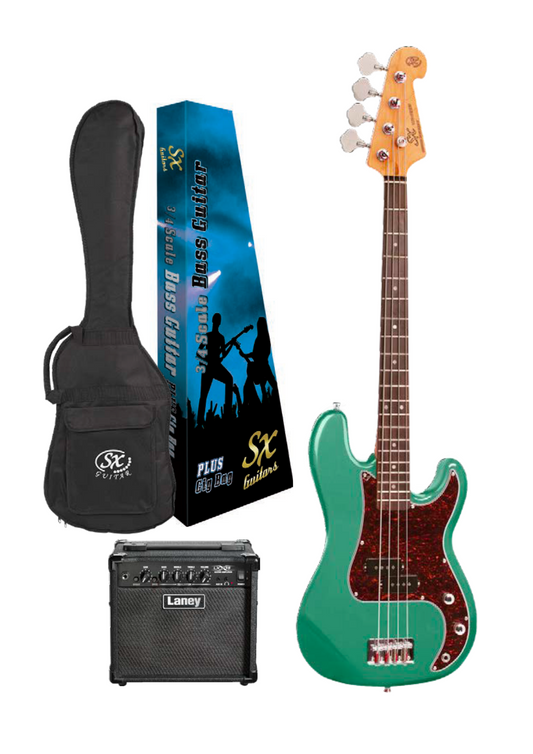 SX P Bass & Laney Amp Pack | Vintage Green | 3/4 Size