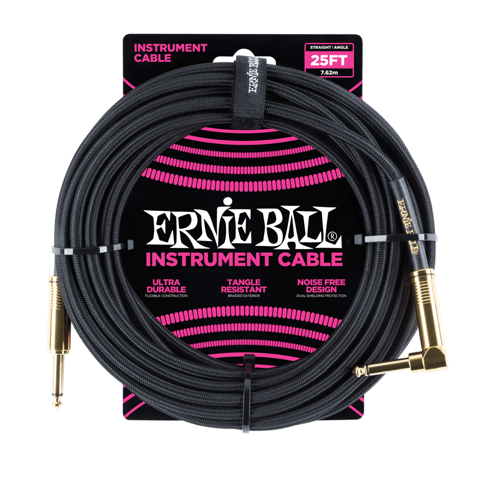 Ernie Ball 25' Braided Straight / Angle Instrument Cable | Black | Gold Tips