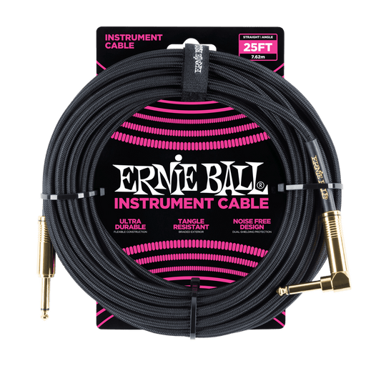Ernie Ball 25' Braided Straight / Angle Instrument Cable | Black | Gold Tips