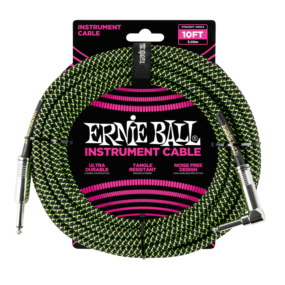 Ernie Ball 10' Braided Straight / Angle Instrument Cable | Black Green