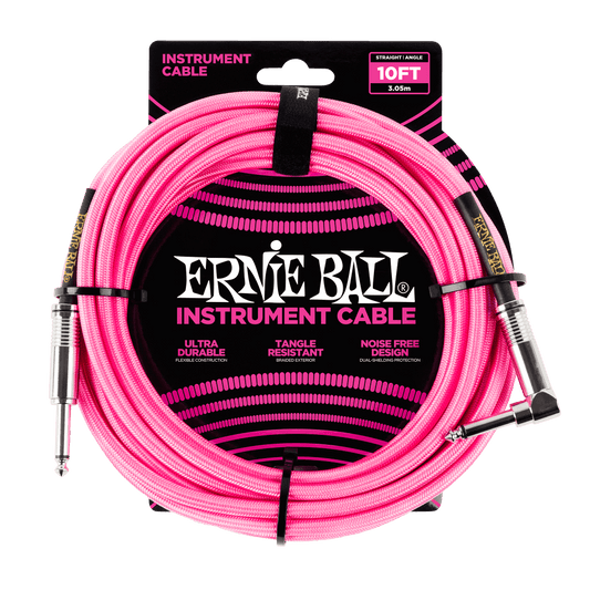 Ernie Ball 10' Braided Straight / Angle Instrument Cable | Neon Pink