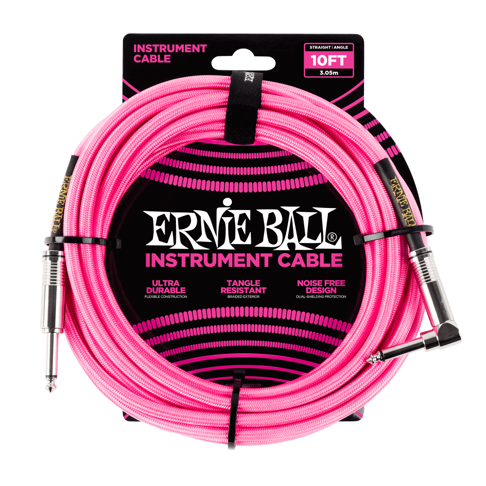 Ernie Ball 10' Braided Straight / Angle Instrument Cable | Neon Pink
