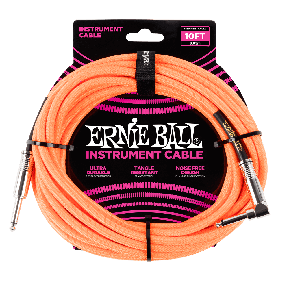 Ernie Ball 10' Braided Straight / Angle Instrument Cable | Neon Orange