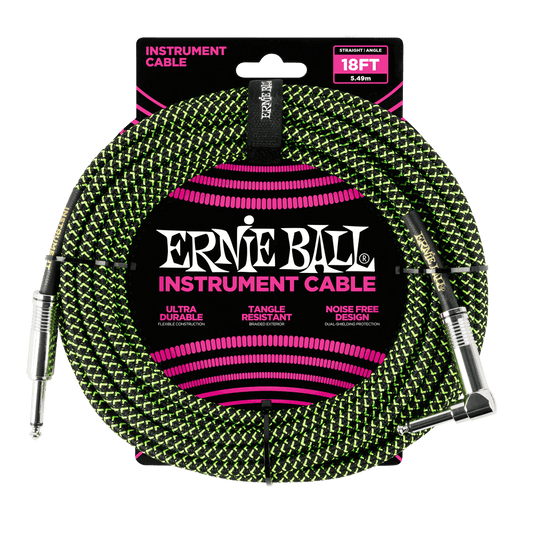 Ernie Ball 18' Braided Straight / Angle Instrument Cable | Black Green
