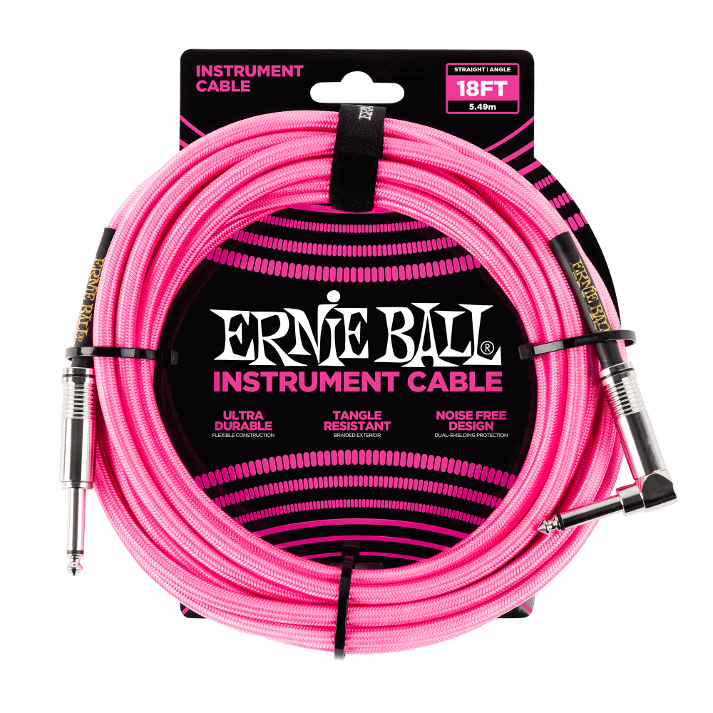 Ernie Ball 18' Braided Straight / Angle Instrument Cable | Neon Pink