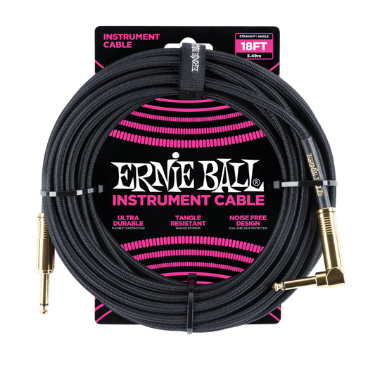Ernie Ball 18' Braided Straight / Angle Instrument Cable | Black | Gold Tips