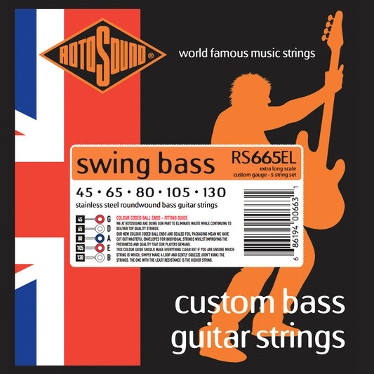 Rotosound RS665EL Swing Bass 66 Custom Gauge Bass String Set | 45-130 | Extra Long Scale | 5-String