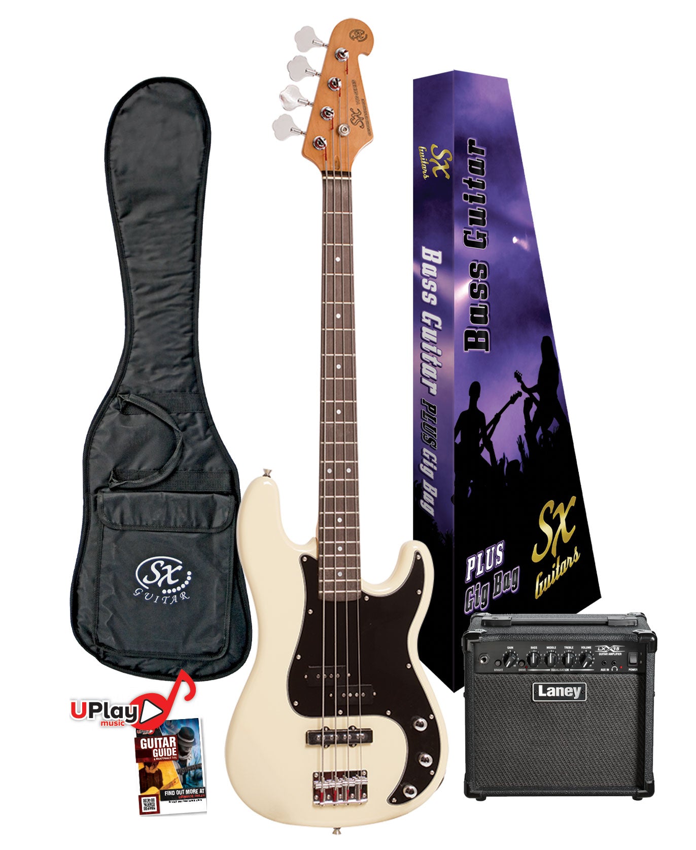 SX Vintage Style PJ Bass & Laney Amp Pack | Vintage White