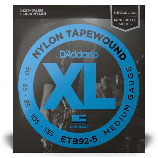 D'Addario ETB92-5 | Nylon Tapewound Bass Strings 50-135 Gauge | Medium | 5-String