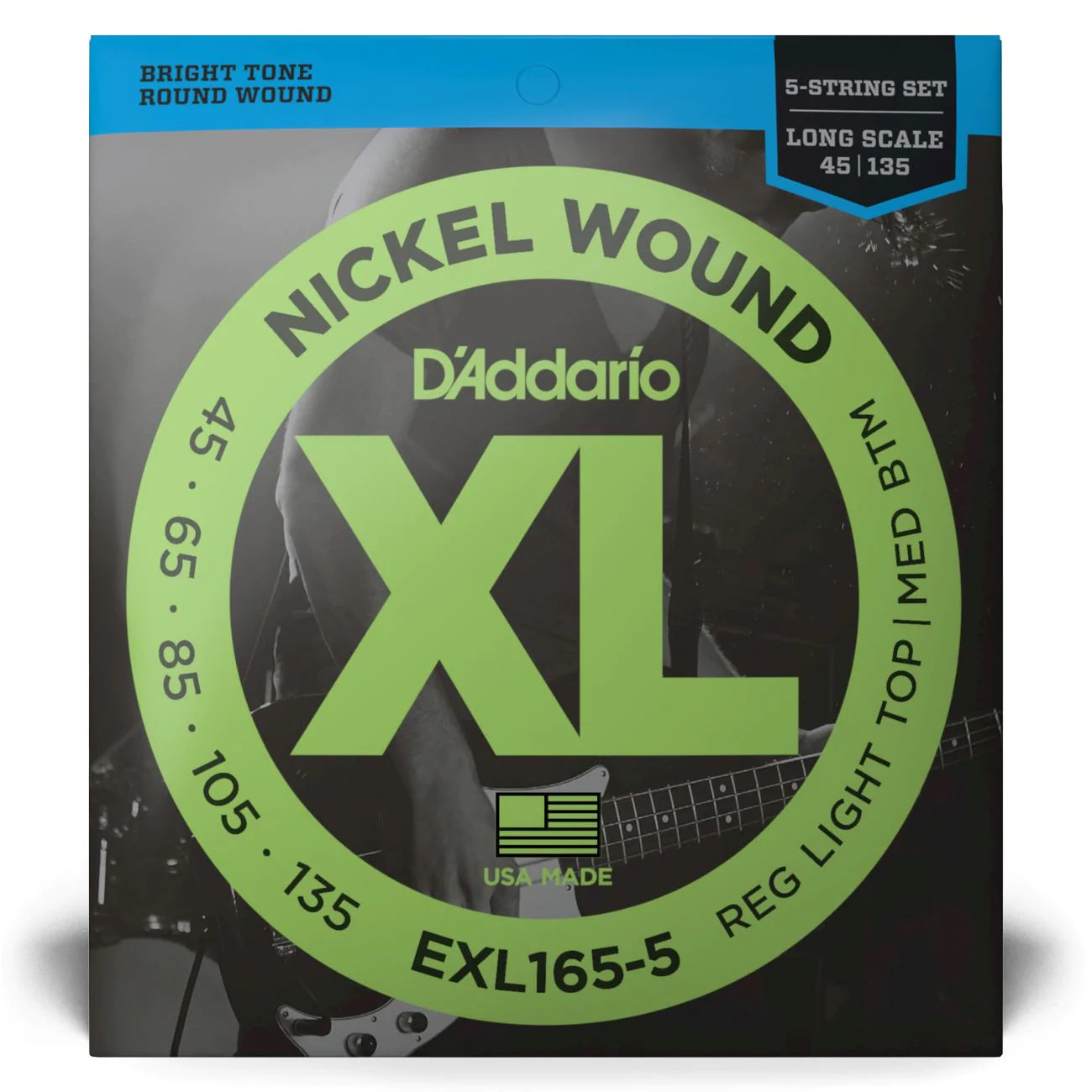 D'Addario EXL165-5 | XL Nickel Wound Bass Strings 45-135 Gauge | Custom Light | 5-String