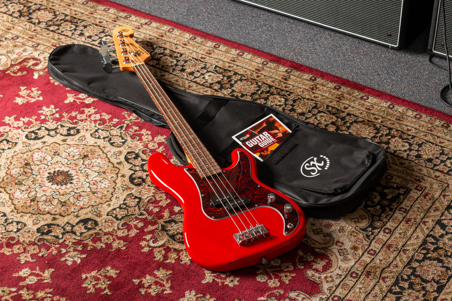 SX VEP34FR VTG Series Vintage P Style Bass Guitar | Fiesta Red | 3/4 Size
