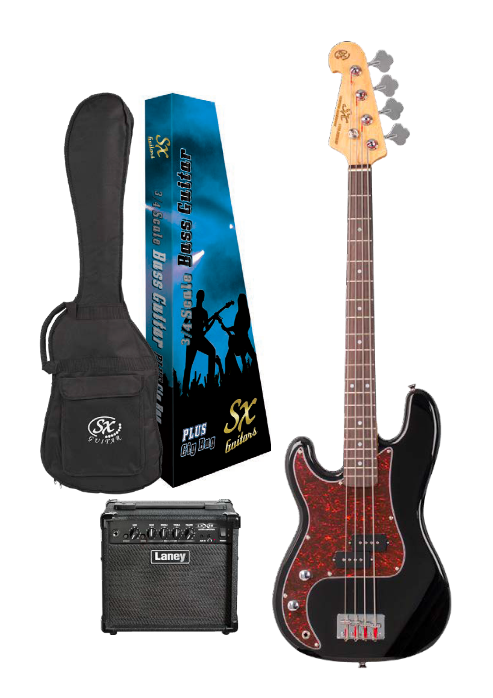 SX Bass & Laney Amp Pack | Black | 3/4 Size | Left Handed
