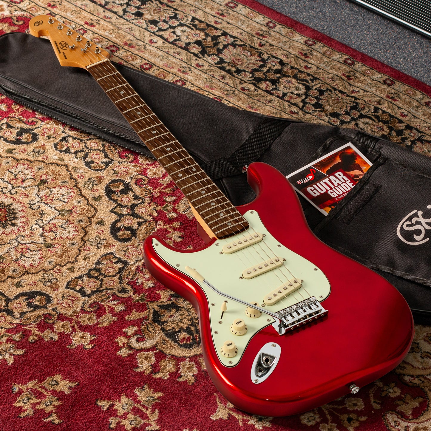 SX VES62LHCAR Vintage Style Electric Guitar | Black | Left Handed | Candy Apple Red