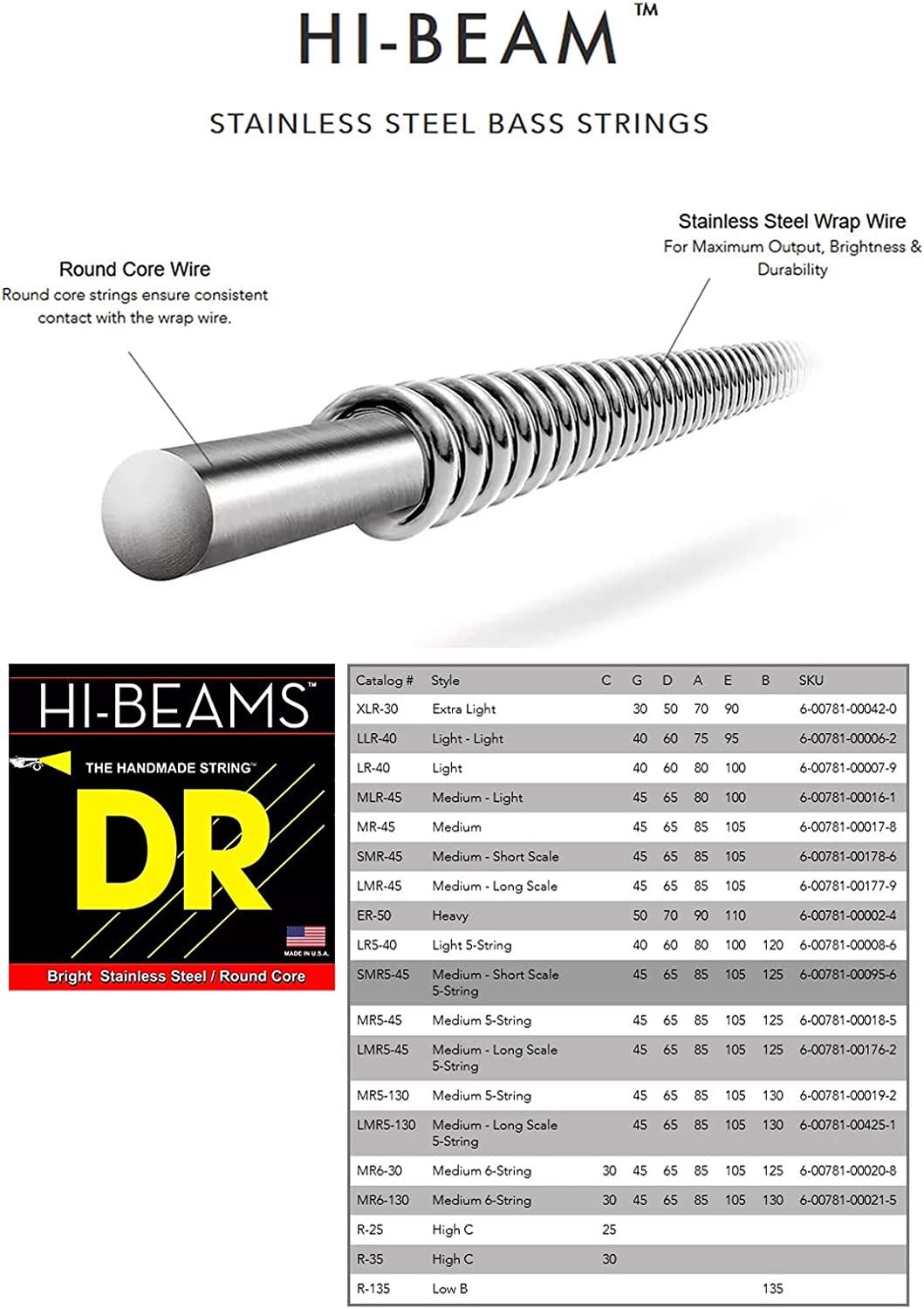 DR Hi-Beams Bright Stainless Steel Bass Strings 30-130 Gauge | Medium/Heavy | 6-String