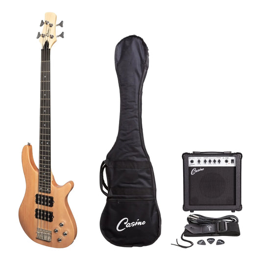 Casino 24 Series Tune-Style Electric Bass Guitar & 15w Amp Pack | Natural Satin