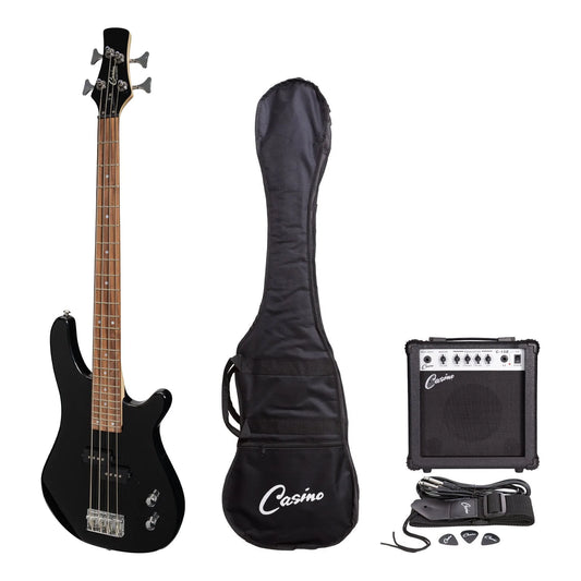 Casino 24 Series Tune-Style Electric Bass Guitar & 15w Amp Pack | Black | Short Scale