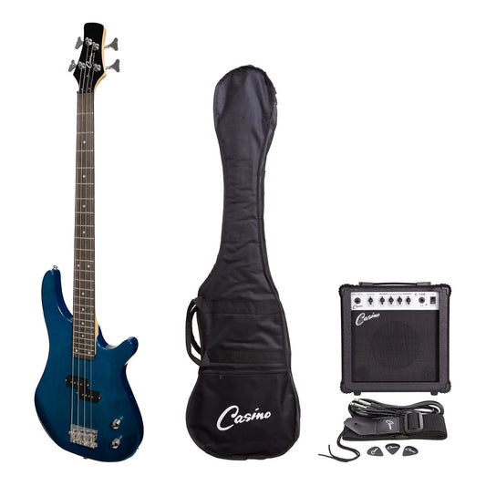 Casino 24 Series Tune-Style Electric Bass Guitar & 15w Amp Pack | Transparent Blue