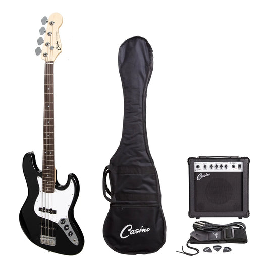 Casino J-Style Electric Bass Guitar & 15w Amp Pack | Black