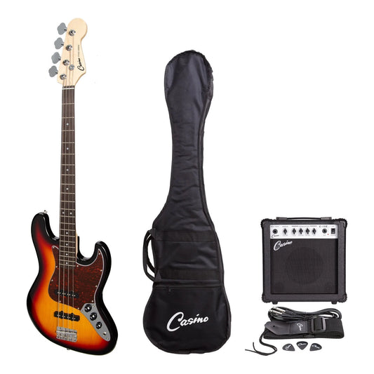 Casino J-Style Electric Bass Guitar & 15w Amp Pack | Tobacco Sunburst