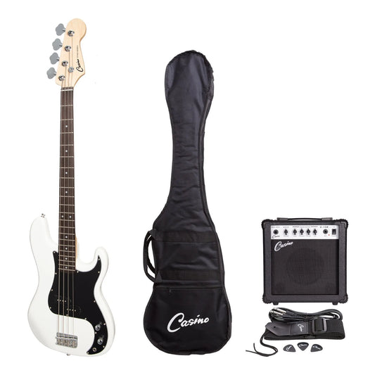 Casino P-Style Electric Bass Guitar & 15w Amp Pack | White