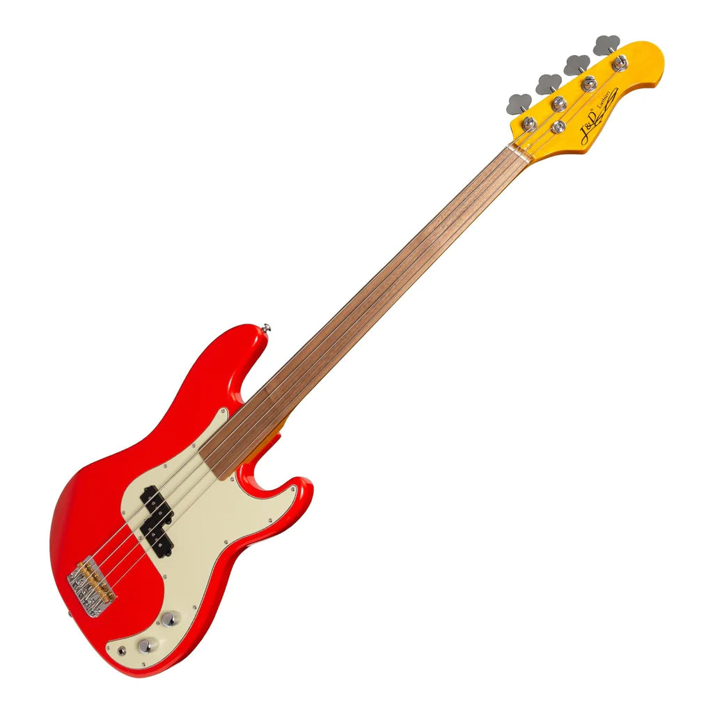 J&D Luthiers PB-Style Electric Bass Guitar | 4-String Fretless | Red