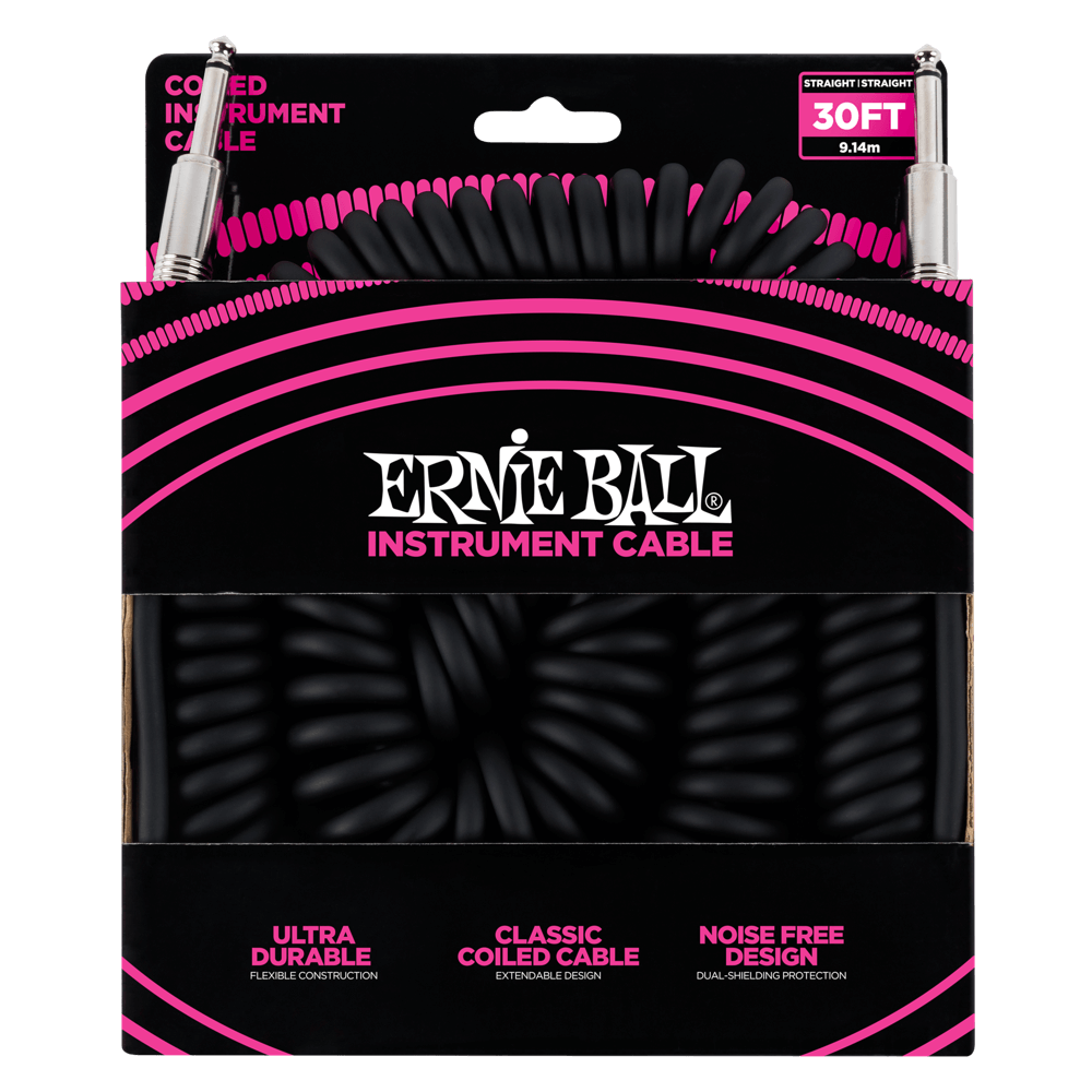 Ernie Ball 30' Coiled Straight / Straight Instrument Cable | Black