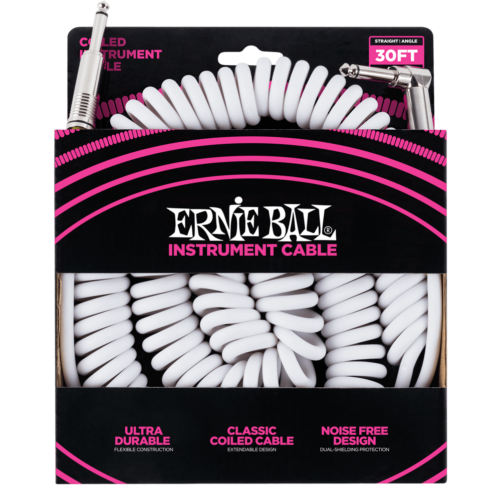 Ernie Ball 30' Coiled Straight / Angle Instrument Cable | White