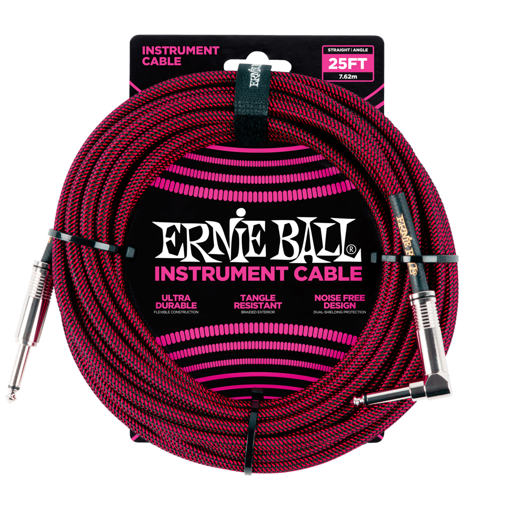 Ernie Ball 25' Braided Straight / Angle Instrument Cable | Red Black