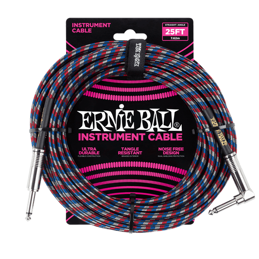 Ernie Ball 25' Braided Straight / Angle Instrument Cable | Black Red Blue White