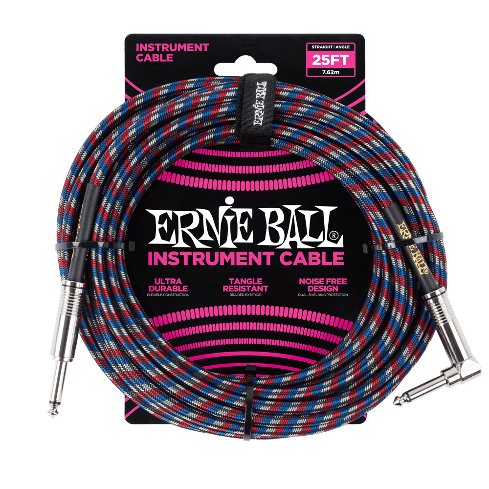 Ernie Ball 25' Braided Straight / Angle Instrument Cable | Black Red Blue White