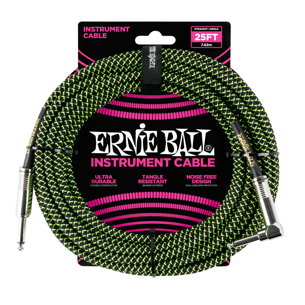 Ernie Ball 25' Braided Straight / Angle Instrument Cable | Black Green