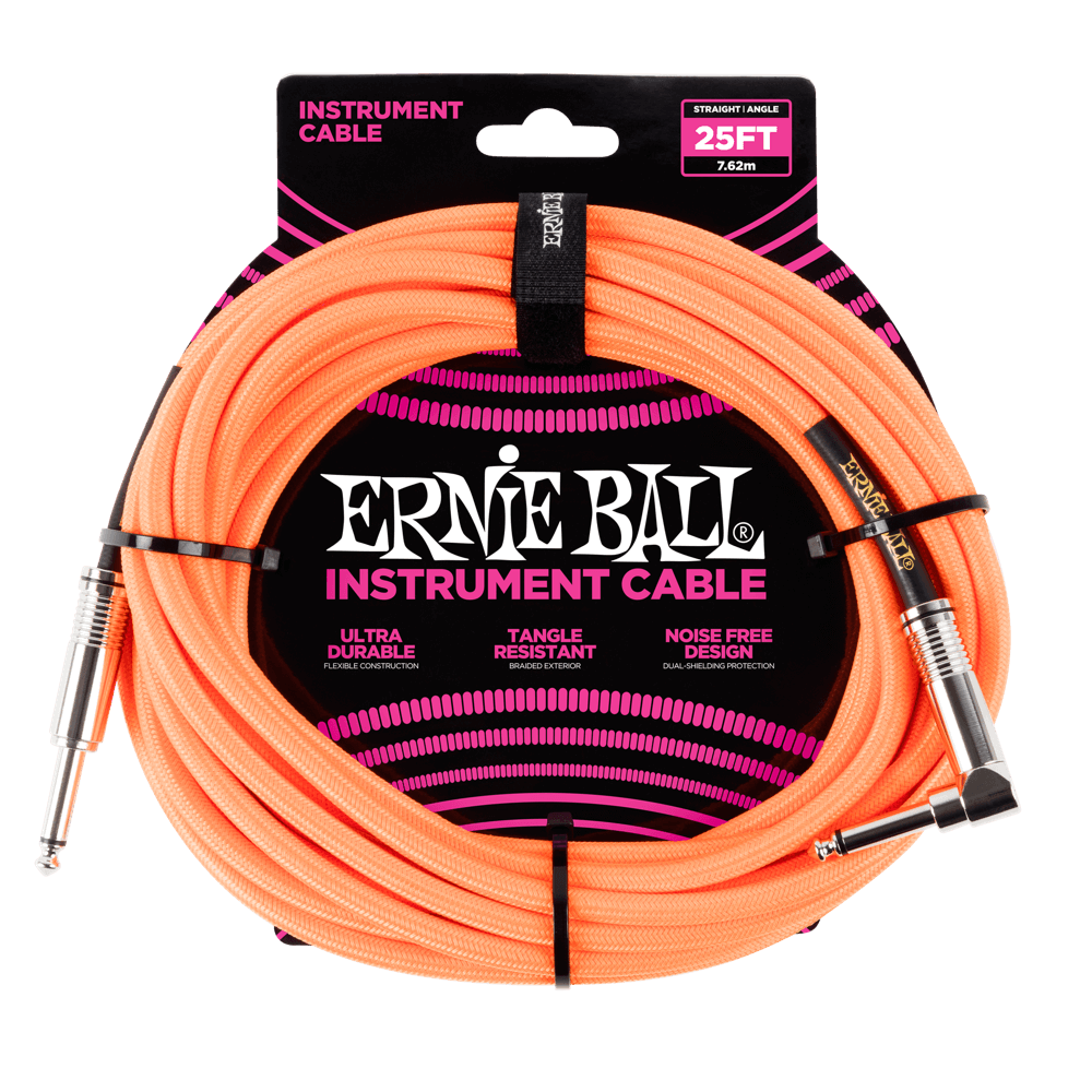 Ernie Ball 25' Braided Straight / Angle Instrument Cable | Neon Orange