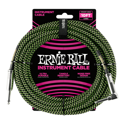 Ernie Ball 10' Braided Straight / Angle Instrument Cable | Black Green