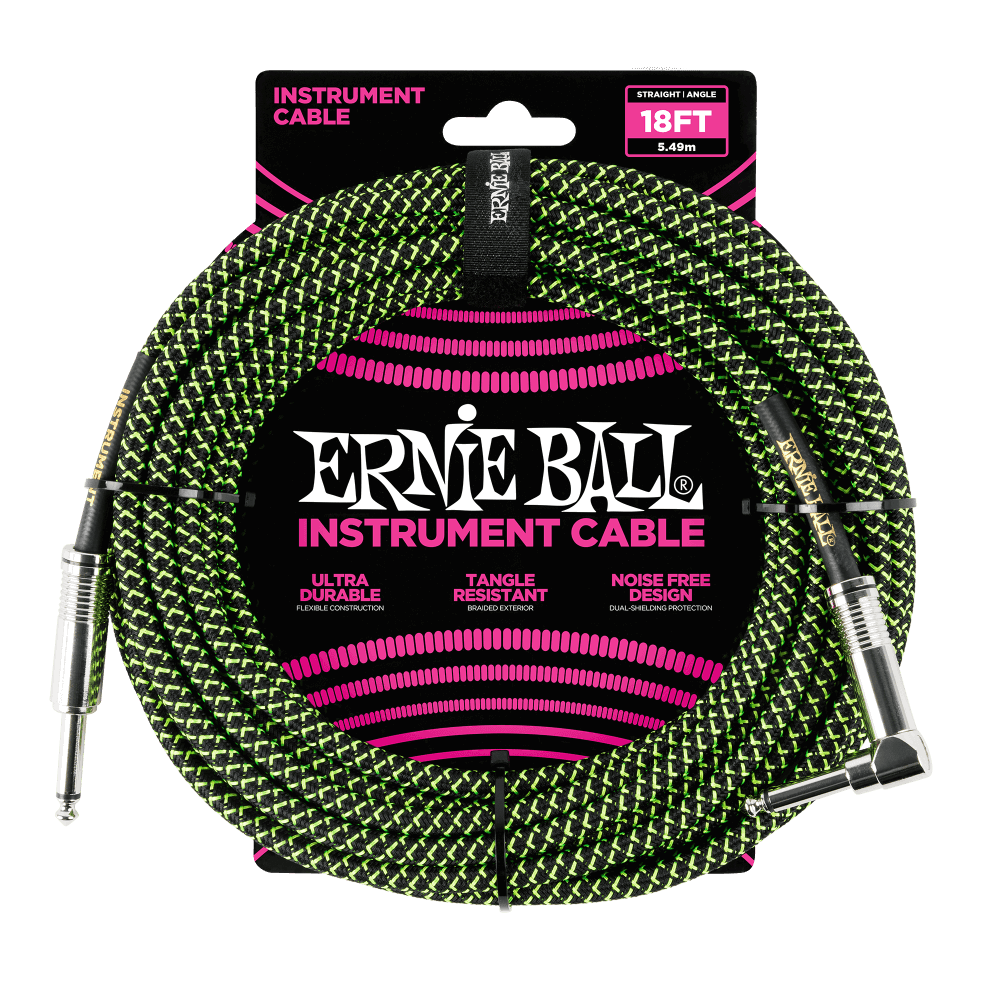 Ernie Ball 18' Braided Straight / Angle Instrument Cable | Black Green