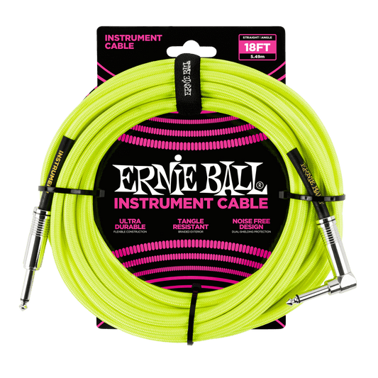 Ernie Ball 18' Braided Straight / Angle Instrument Cable | Neon Yellow