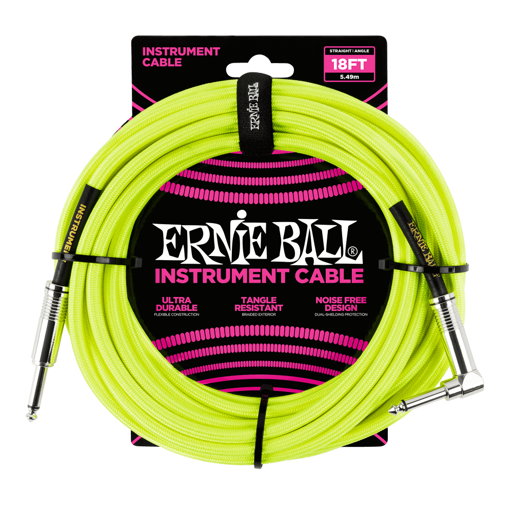 Ernie Ball 18' Braided Straight / Angle Instrument Cable | Neon Yellow