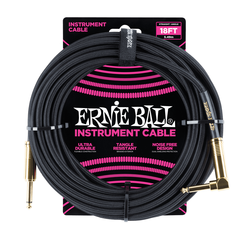 Ernie Ball 18' Braided Straight / Angle Instrument Cable | Black | Gold Tips