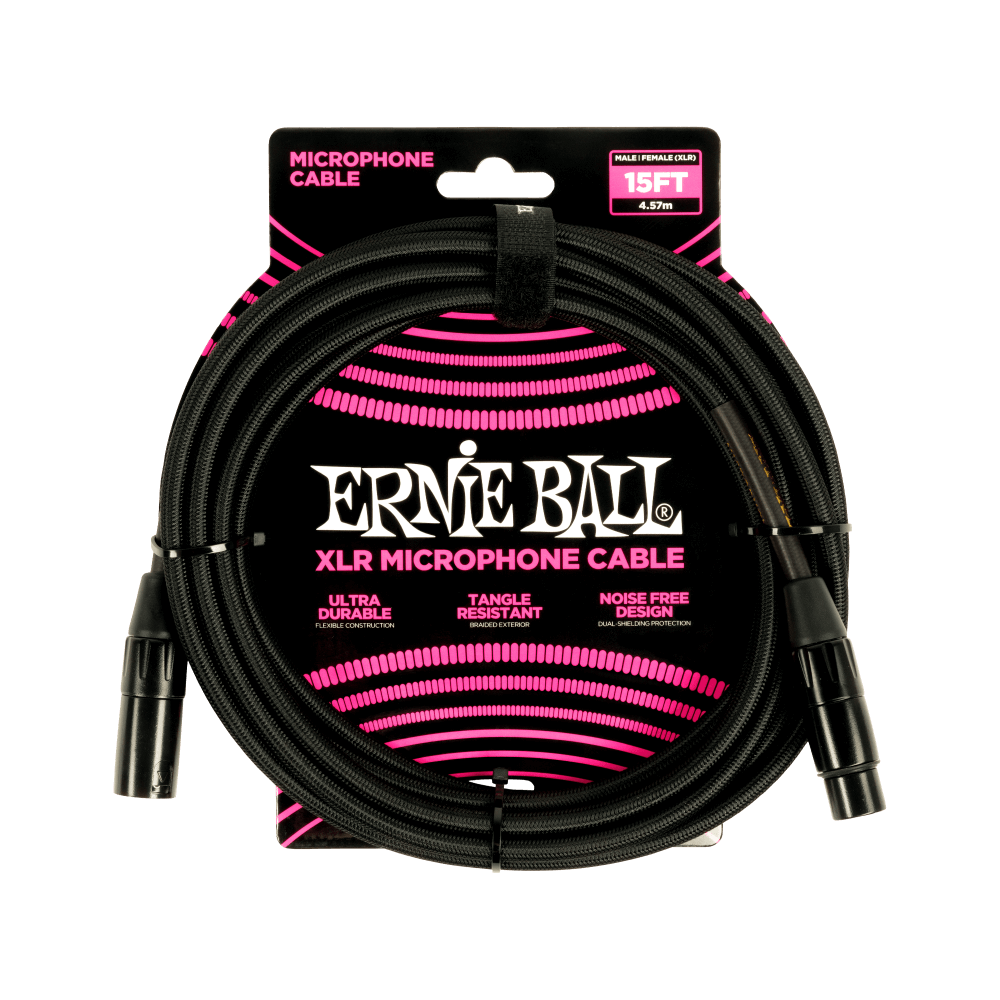 Ernie Ball 15' Braided Male / Female XLR Microphone Cable | Black