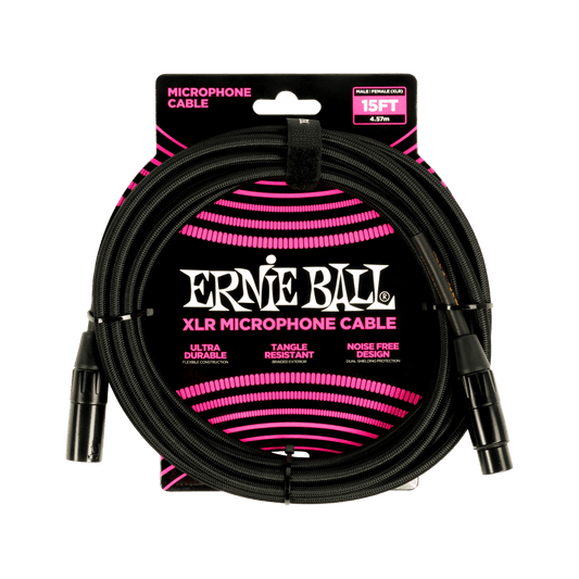 Ernie Ball 15' Braided Male / Female XLR Microphone Cable | Black