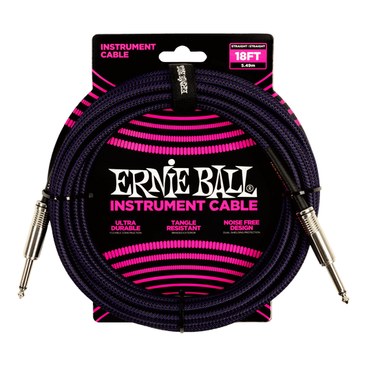 Ernie Ball 18' Braided Straight / Straight Instrument Cable | Purple Black