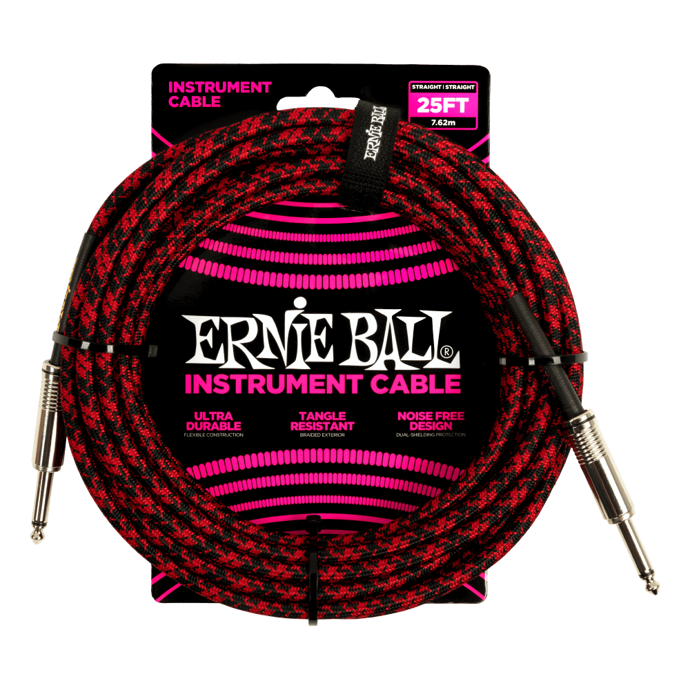 Ernie Ball 25' Braided Straight / Straight Instrument Cable | Red Black
