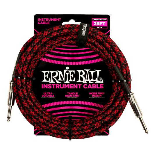 Ernie Ball 25' Braided Straight / Straight Instrument Cable | Red Black