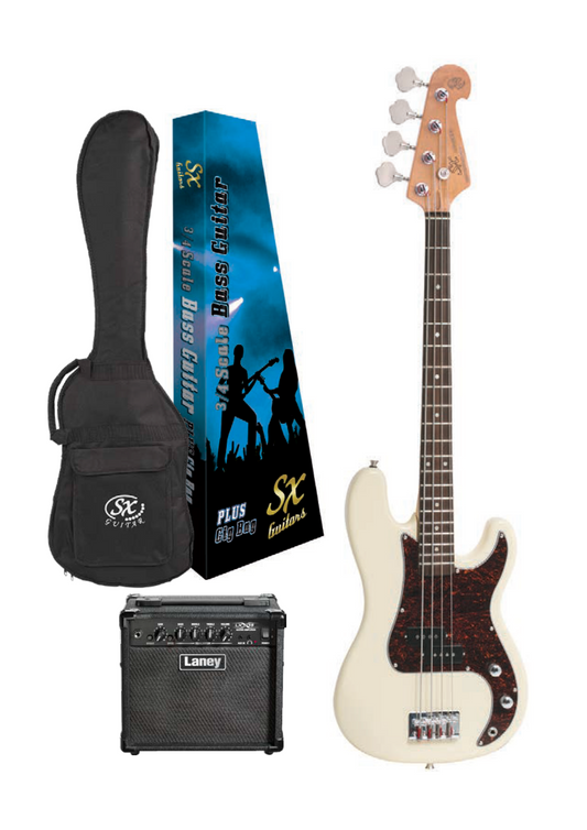 SX P Bass & Laney Amp Pack | White | 3/4 Size