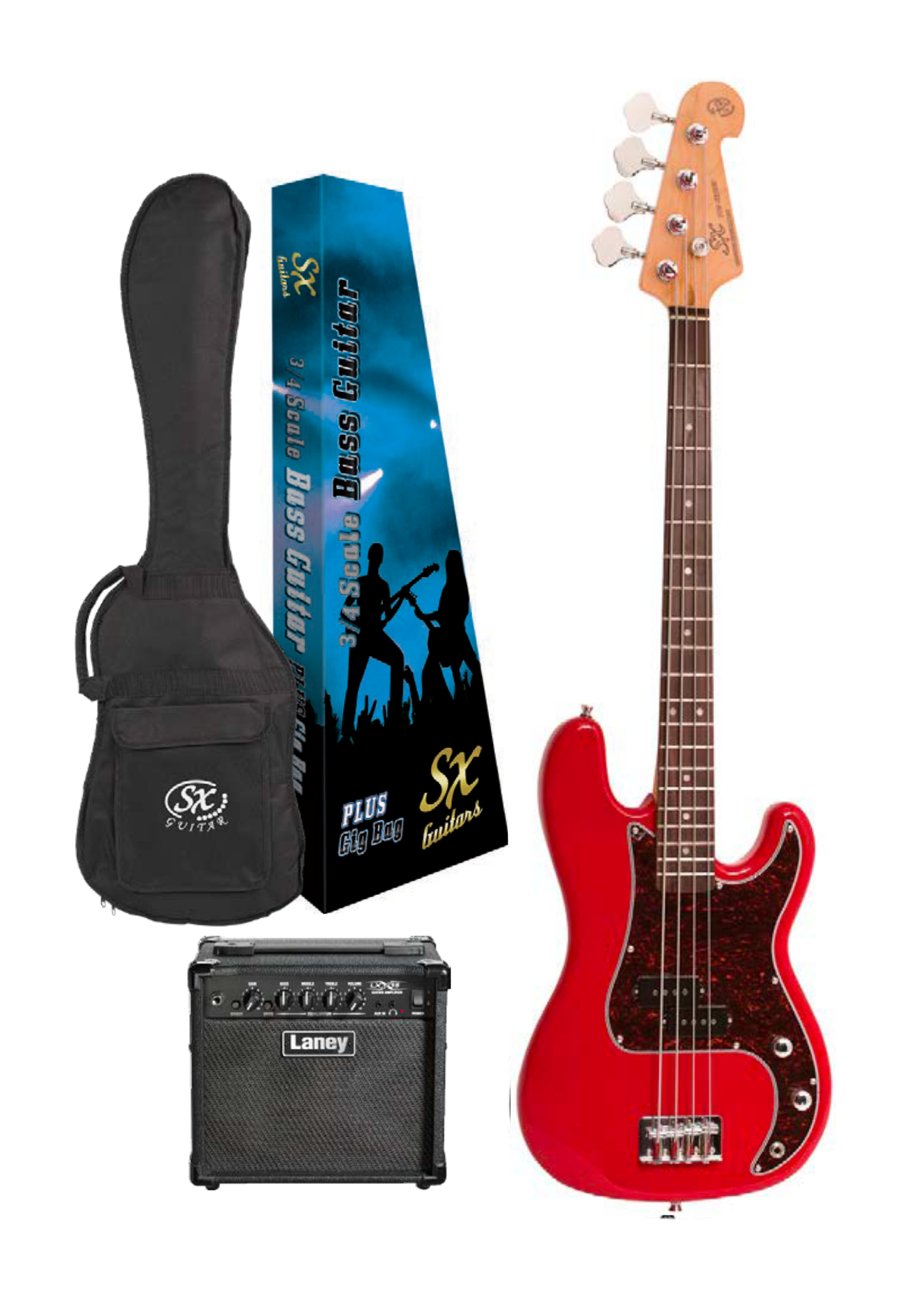 SX P Bass & Laney Amp Pack | Fiesta Red | 3/4 Size