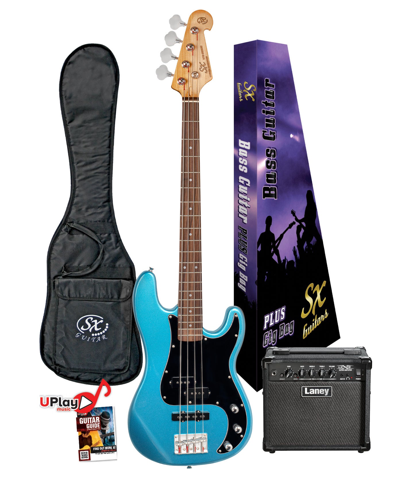 SX Vintage Style PJ Bass & Laney Amp Pack | Lake Placid Blue