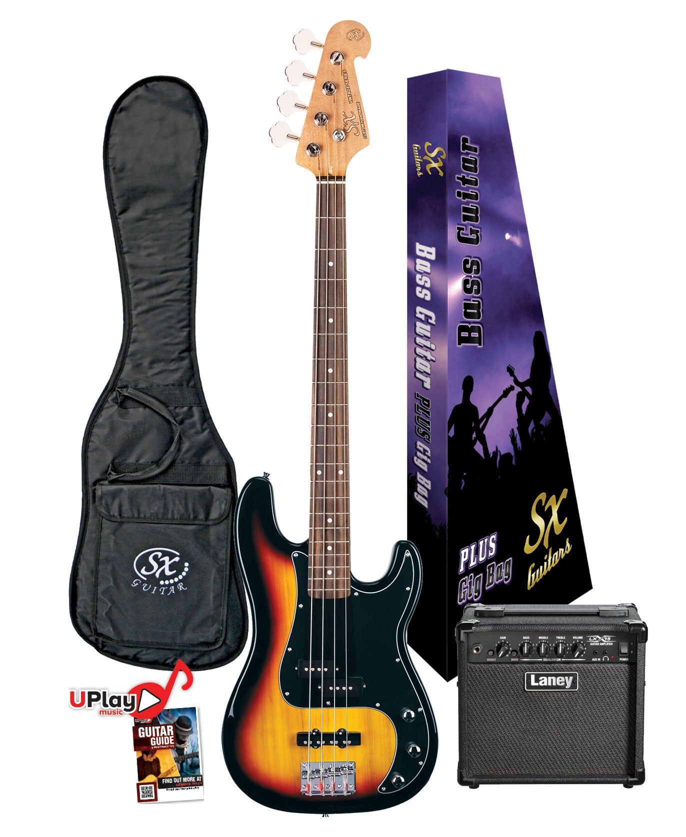 SX Vintage Style PJ Bass & Laney Amp Pack | 3-Tone Sunburst