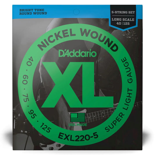 D'Addario EXL220-5 | XL Nickel Wound Bass Strings 40-125 Gauge | Super Light 5-String