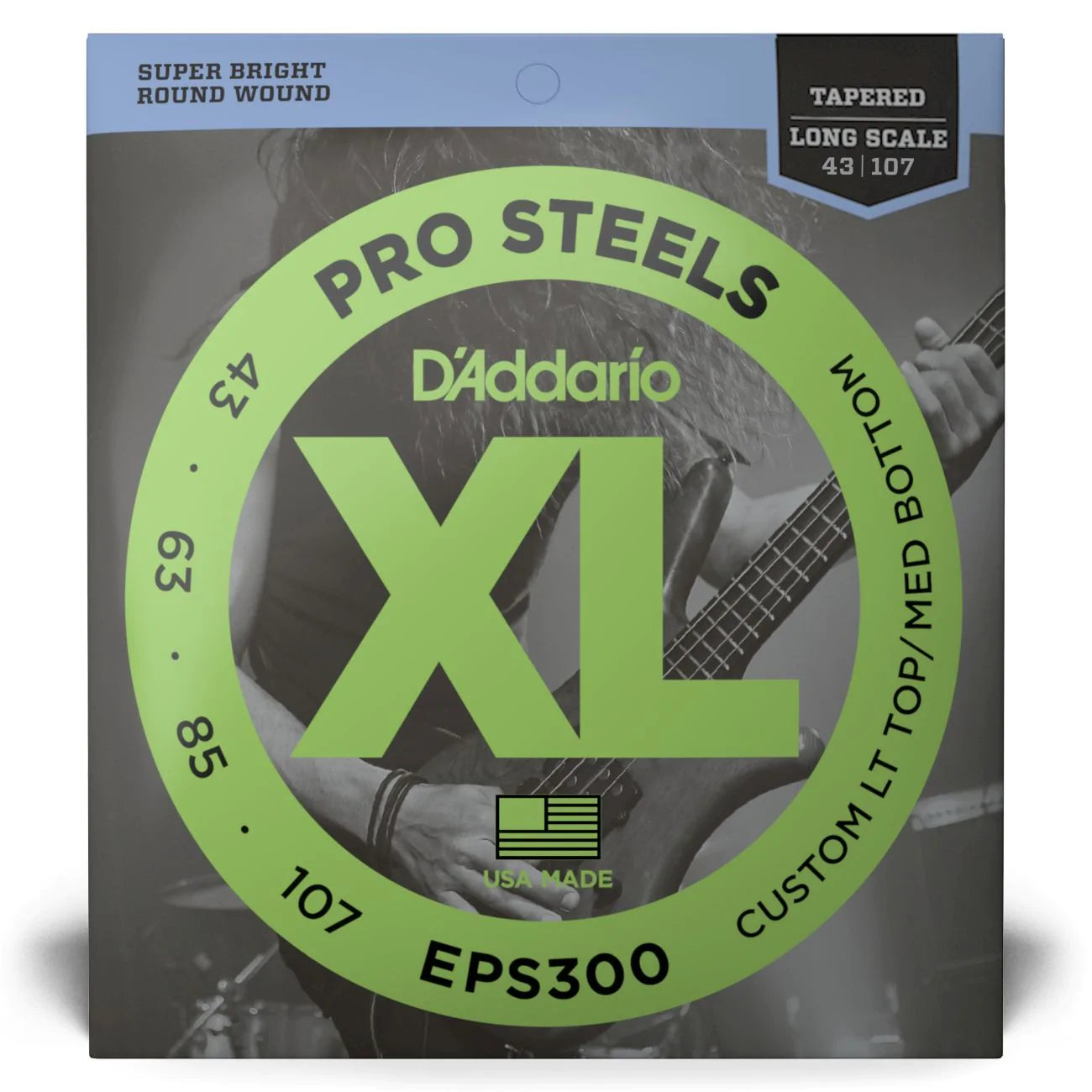 D'Addario EPS300 | XL ProSteels Bass Strings 43-107 Gauge | Custom Light | Tapered