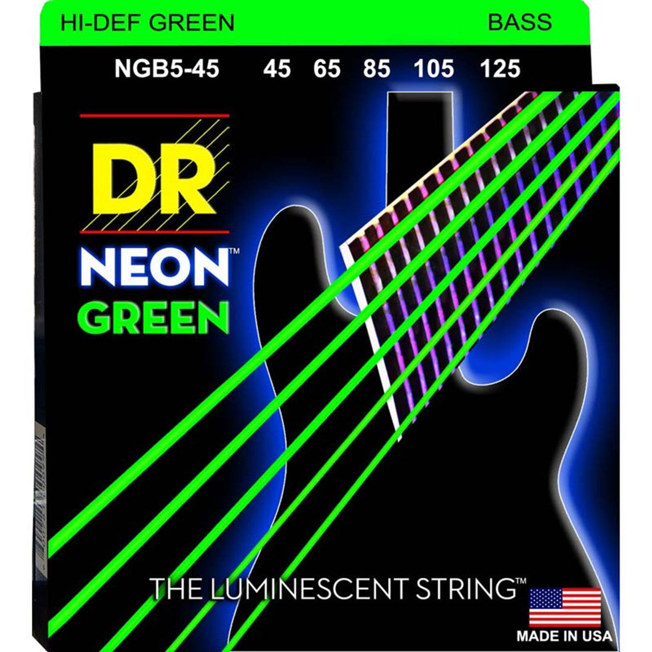 DR Neon™ Hi-Def Green Bass Strings 45-125 Gauge | Medium | 5-String